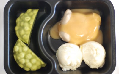 Puréed Shaped Chicken Patty and Gravy with Peas